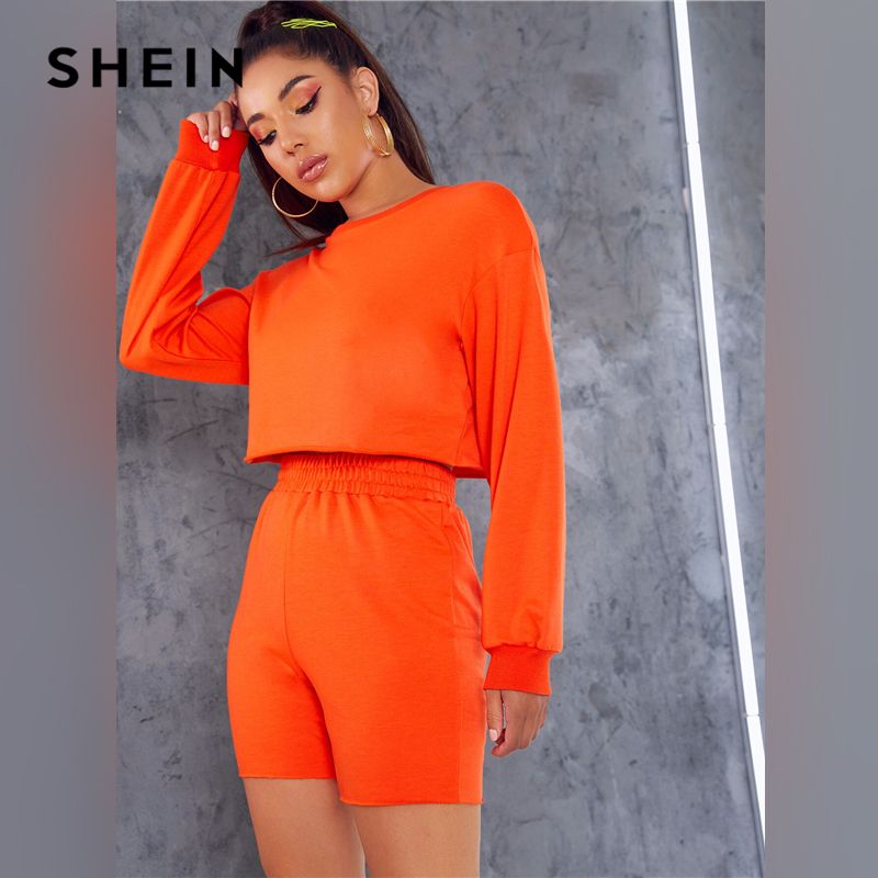 Acquistare Shein Neon Orange Drop Shoulto Spalla E Pantaloncini Da Ciclismo  2 Pezzo Set Donne Autunno Manica Lunga Tempo Libero Tempo Libero Casual Set  Di Due Pezzi Economico | Consegna Veloce E