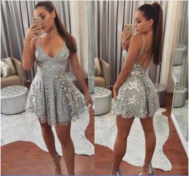 Lentejuelas brillantes cortos Fiesta Vestidos vestido atractiva de la manera mini sin respaldo