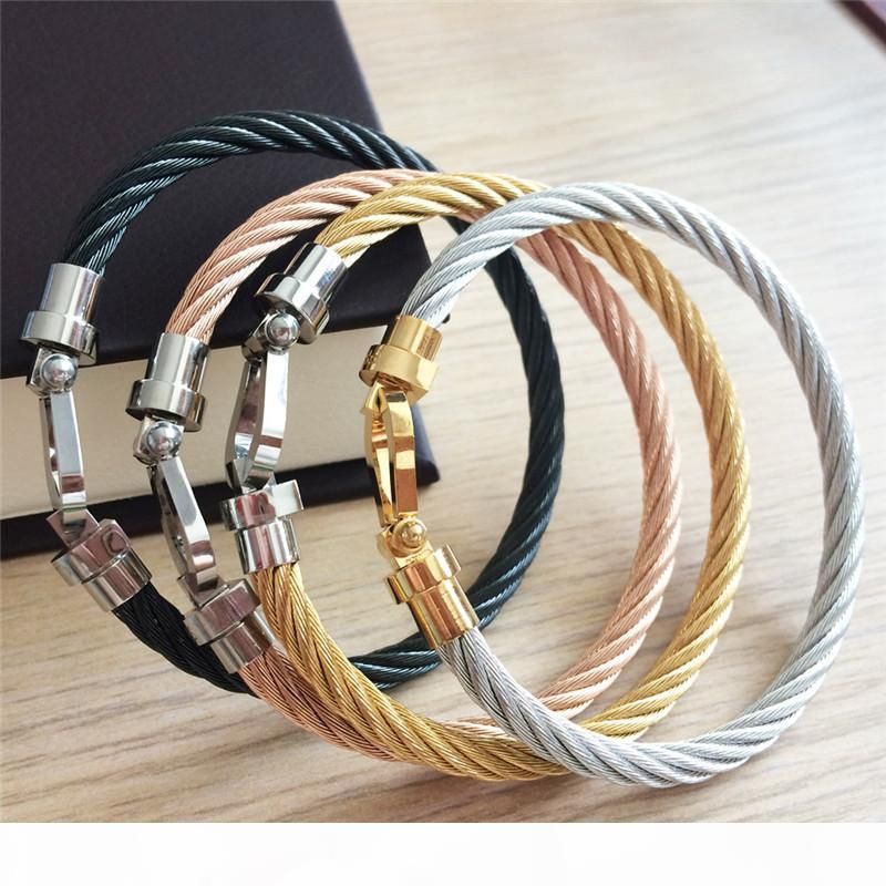 venta caliente de herradura tornillo de puño de acero inoxidable 316L pulsera brazaletes de hilo de alambre de metal de color para las mujeres aman eslabón de la cadena T D brazalete de alambre gótico