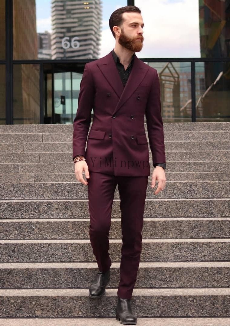 Burgundy Men Suits Peaked Lapel Double 