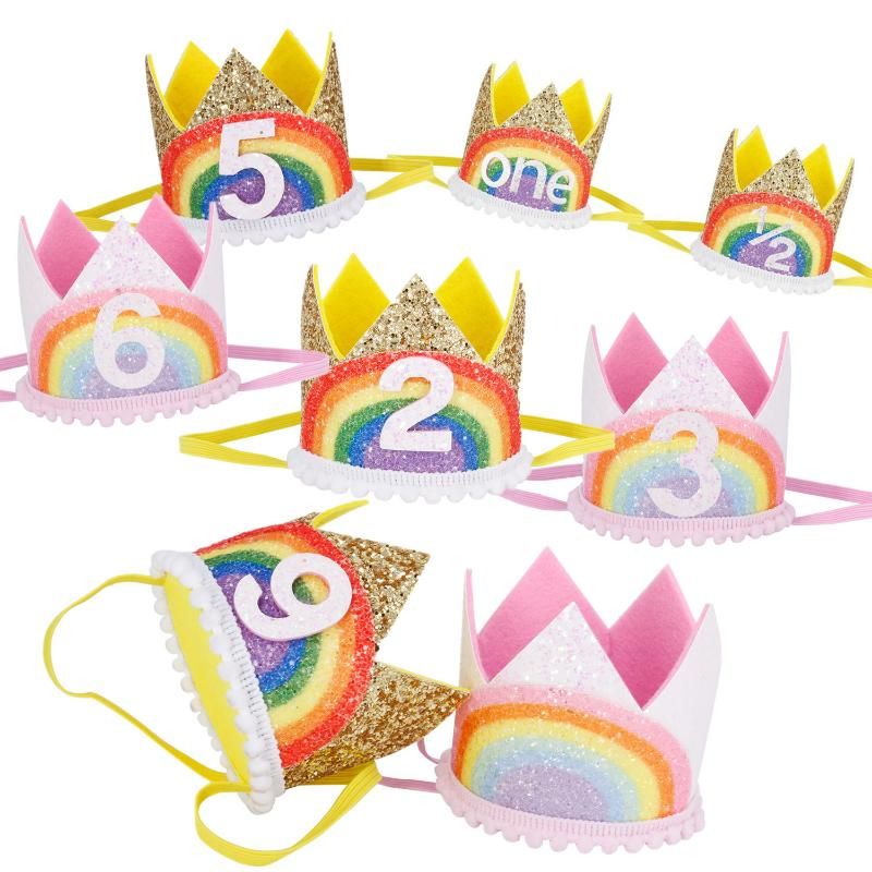0 9 Rainbow Birthday Crown Party Hats Boy Girl Kids One Year Princess ...