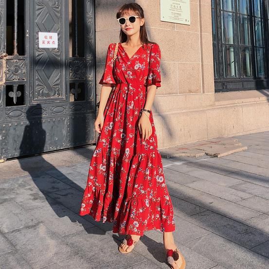 Female Floral Print Summer Dress Korean 
