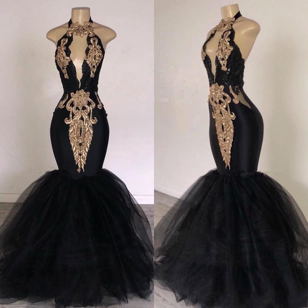 2021 Black Prom Dresses Gold Appliqued ...