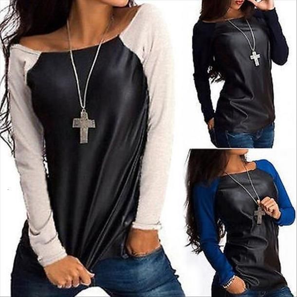 Sexy Fashion Lady Women Pullover Leather Long Sleeve Sweatshirt T Shirt Casual Loose Tops ...