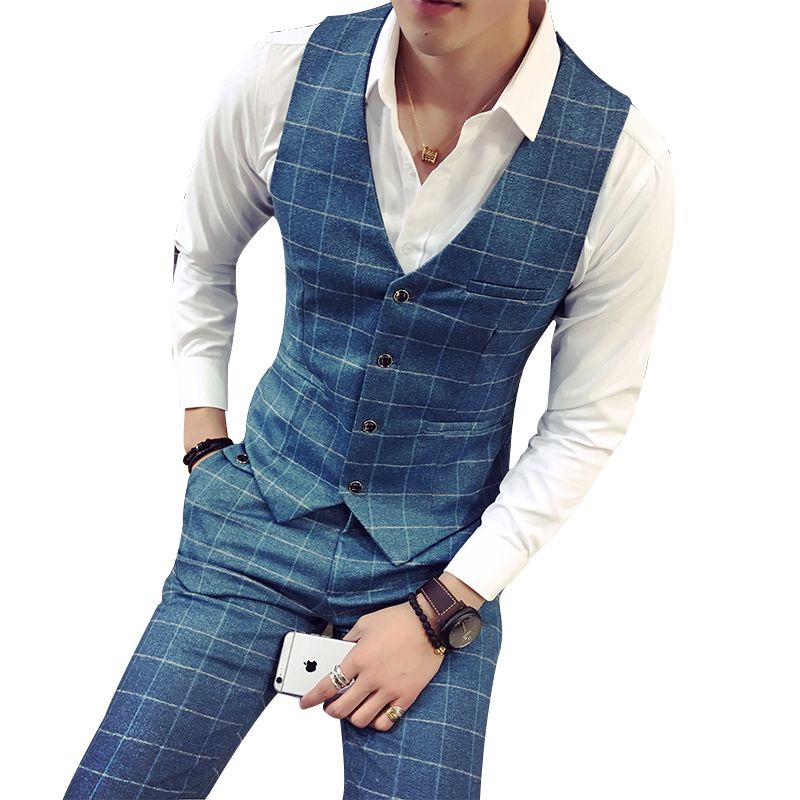 Mens Blue Plaid Suit Vest And Pants 