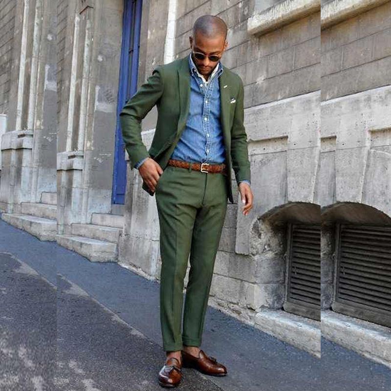 Hunter Green Men Suits Peaked Lapel One 