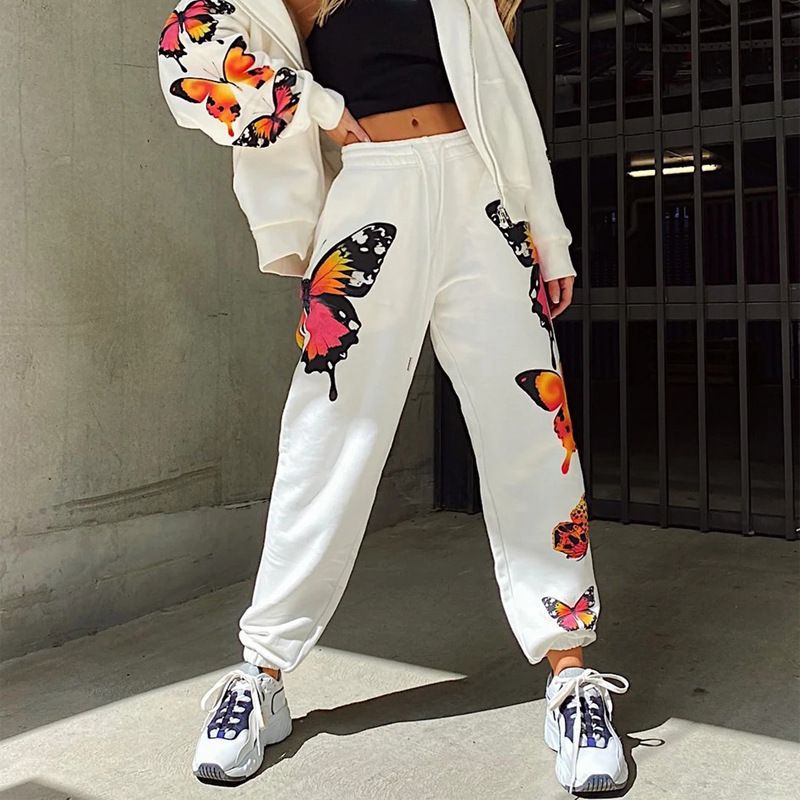 Pantalones largos bolsillos de mariposa jogger de cintura alta casual  blanco - Pantalones - Bottoms