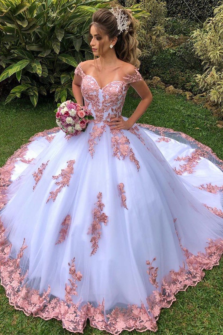 Rosa palo blanco Tul baratos de novia de encaje del hombro con las mangas de tul de boda del tren Vestidos de novia Vestido novia