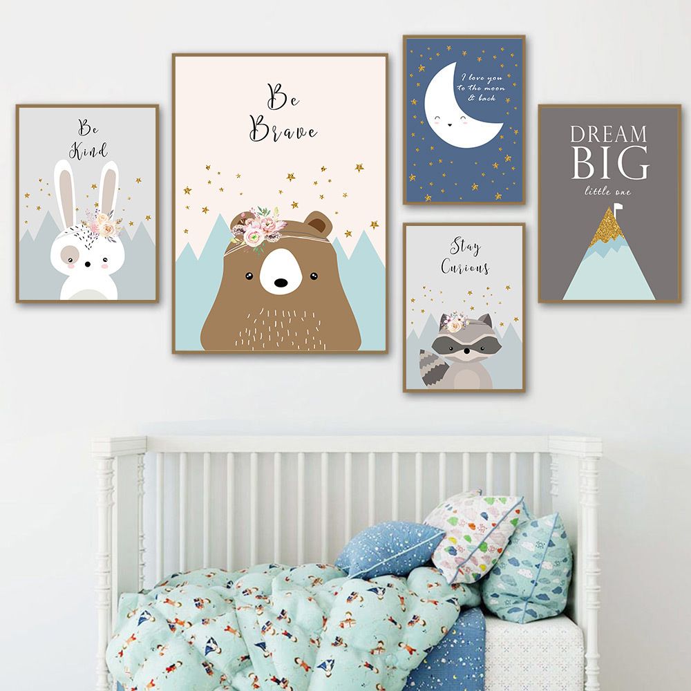 Woodland Animal Canvas Print Cartoon Nursery Poster Painting Baby Room Decor