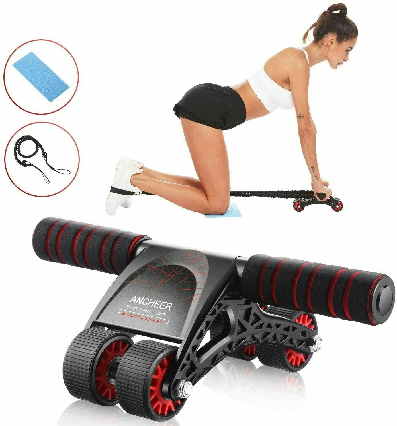 ANCHEER Abdominal Muscle Wheel，AB Wheel Roller with 4 Wheels ，Resistant Bands