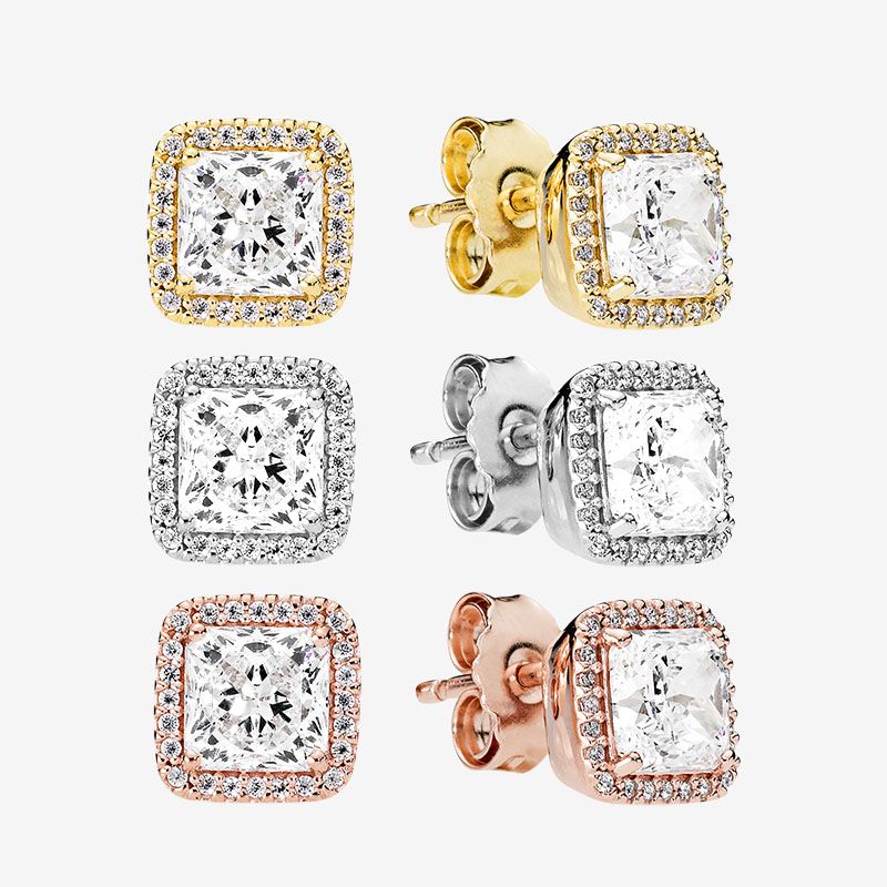 Square Sparkle Halo Stud Earrings Rose 