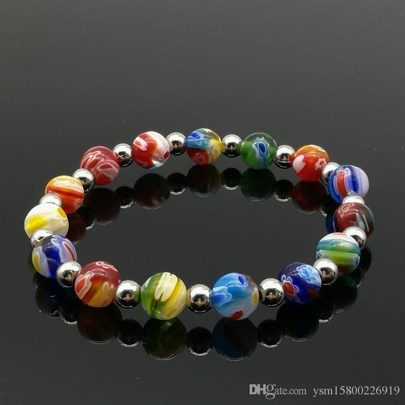 5 PCS fashion circle iridescence thousand flowers coloured glaze elastic rope wear bead bracelet with 8 mm