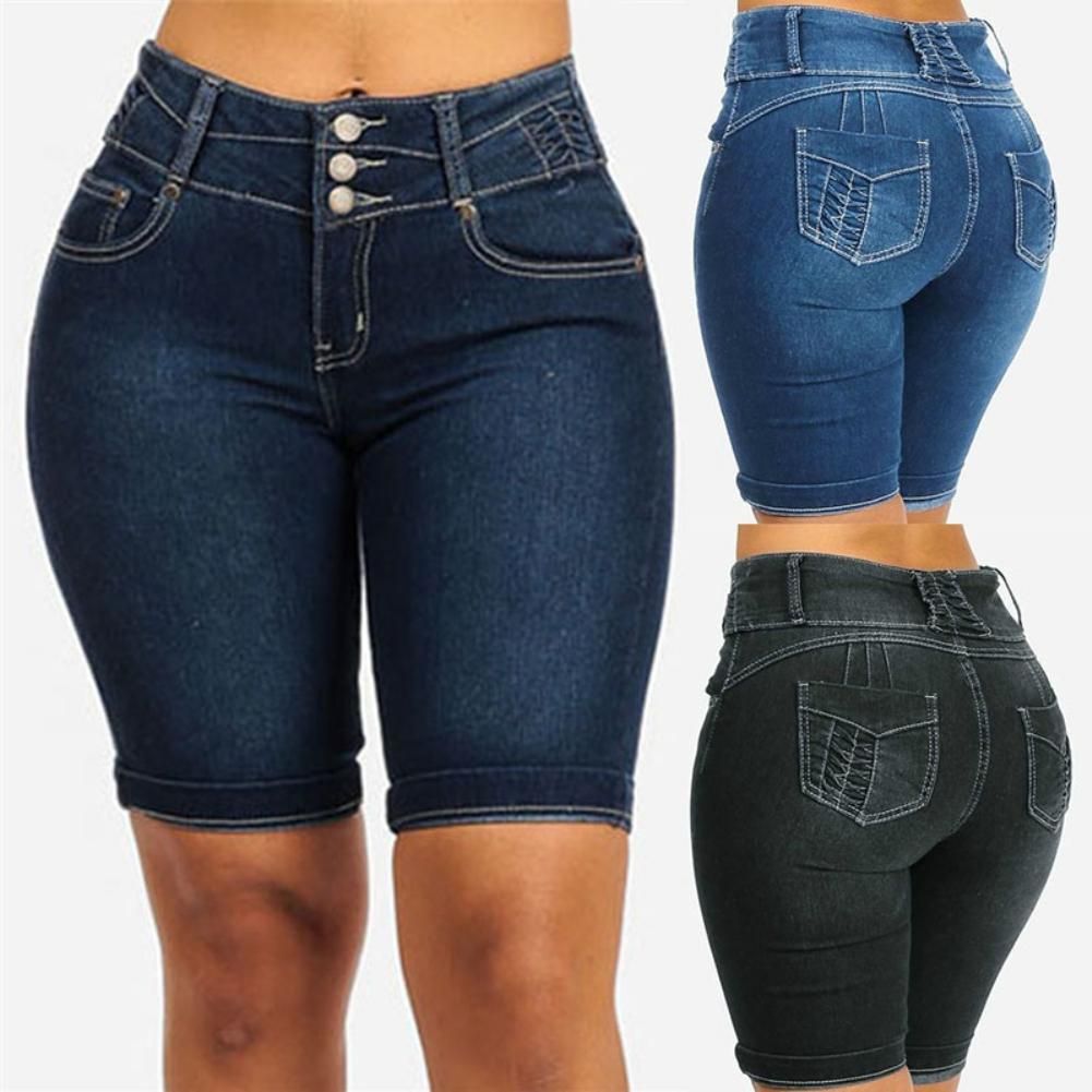 Compra Más El Tamaño De Pantalones Cortos De Mezclilla Verano De Las Mujeres  Elásticos Slims Corte Ajustado Longitud De La Rodilla Pantalones Cortos  Ajustados Pantalones Cortos De Mezclilla Para La Mujer Corta