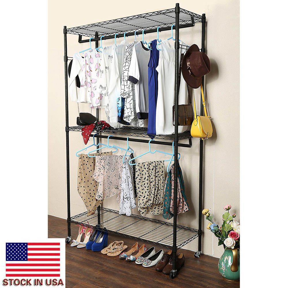2Tier Rod Closet Organizer Garment Rack Clothes Storage Hanger Shelf Hooks Black 2Tier Rod Closet Organizer Garment Rack Clothes Storage Hanger Shelf Hooks Black