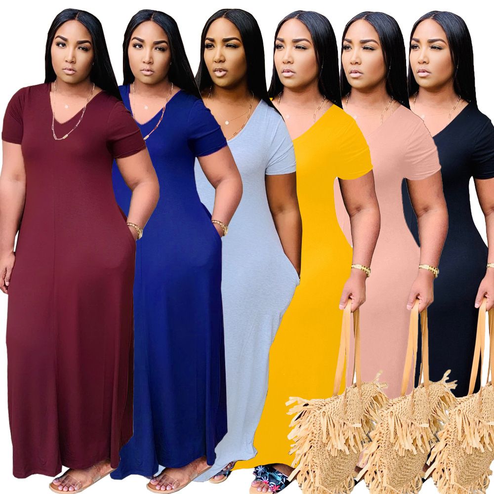 Women One Piece Dresses Fashion Solid Color V Neck Loose Pocket Dress Casual Short Sleeve Floor Length Loose Skirt Plus Size S 3xl From Hltrade 12 07 Dhgate Com