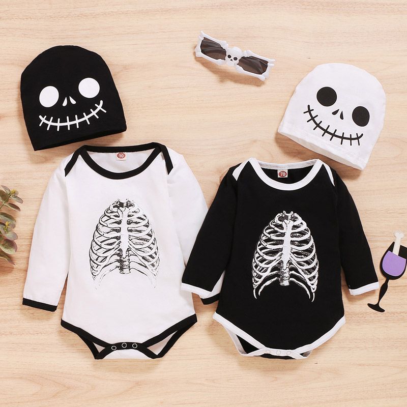 Mamelucos del bebé de Halloween Esqueleto Impreso de manga larga mameluco infantil de dibujos animados Bodies Mamelucos del bebé de Halloween Esqueleto Impreso de manga larga mameluco infantil de dibujos animados Bodies