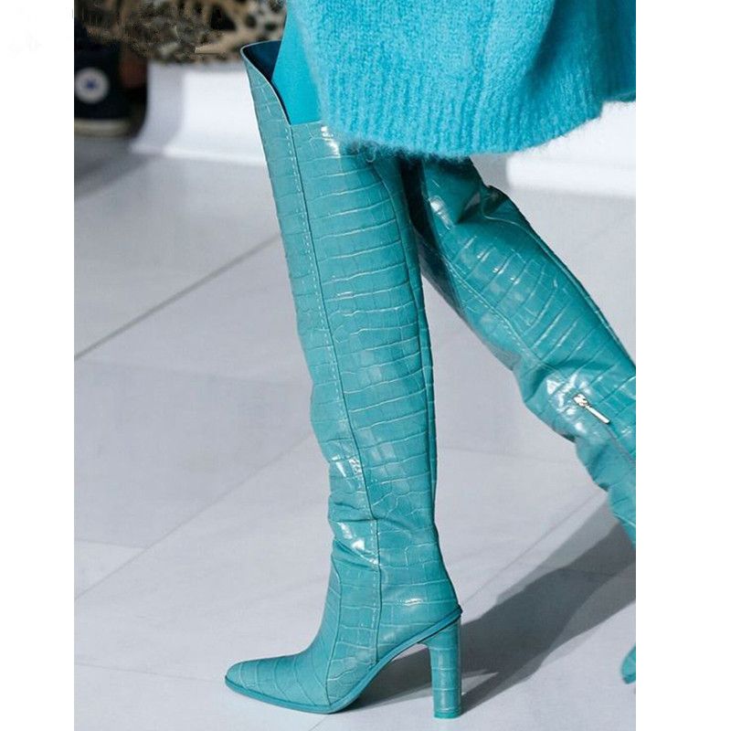 blue leather knee high boots