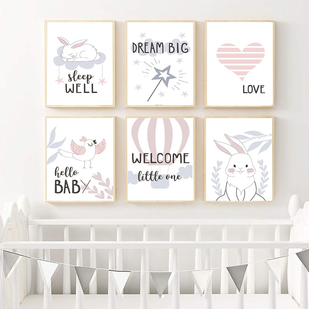 Bunny Heart Canvas Poster Cartoon Nursery Wall Art Print Baby Bedroom Decation 