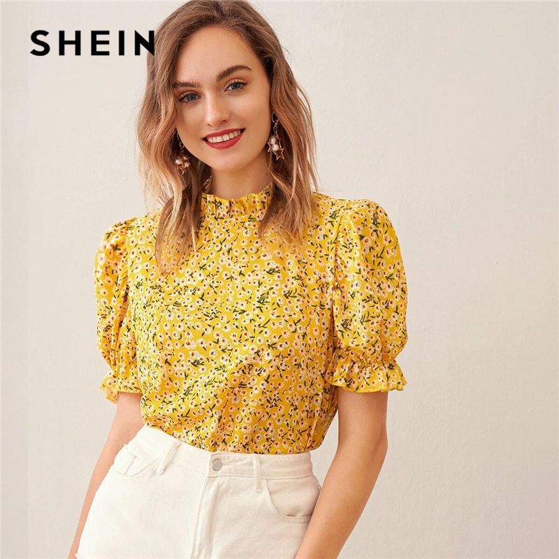 Shein Contraste Del Blanco De Encaje Puff Manga De La Blusa De Las Mujeres  De La Primavera De Otoño V-cuello De Blusas De Señora De La Oficina Sólido  Elegante Tops comprar en