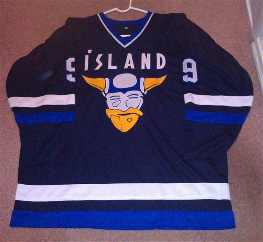 Movie Mighty Gunnar Stahl #9 Iceland Hockey Jersey Away Navy Blue Top  Stitched