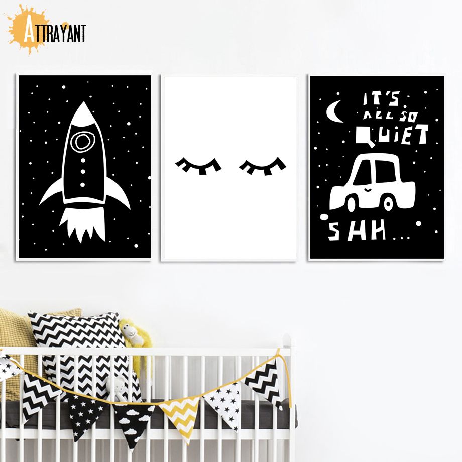 Compre Negro De Cohetes De Dibujos Animados Coche Blanco Del Ojo De La Luna Pared Del Arte De La Lona De Pintura Poster Nordicos And Prints Pared Fotos De Bebe Ninos Habitacion