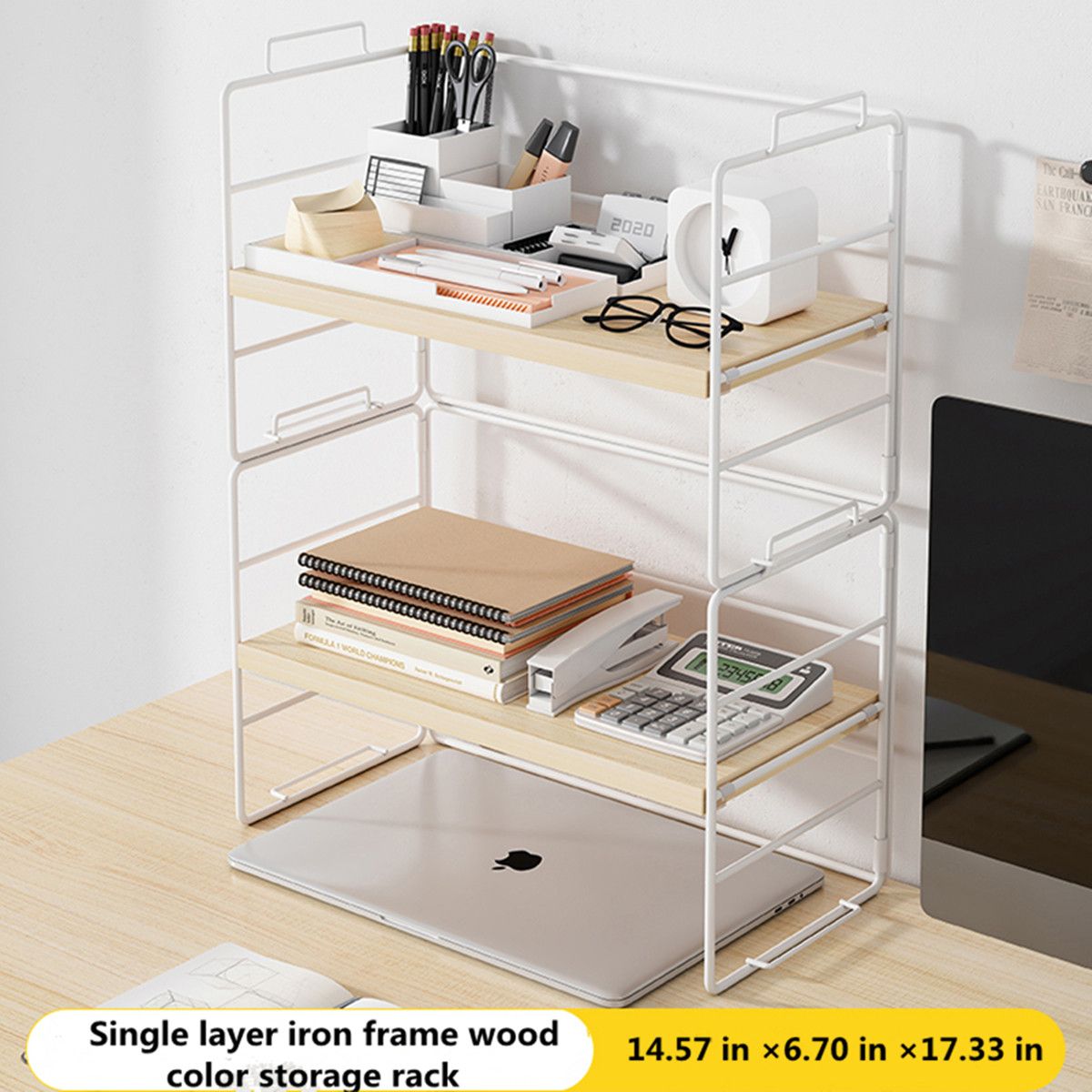woodsky Desktop Organizer Shelf Wooden Rack Countertop Storage Tabletop Shelves for Home & Office Supplies Metal Frame Adjustable Display Stand for Living Room Beige Bedroom Kitchen 