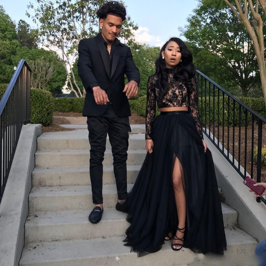 Compra Prom Partido Formal Del Vestido De Noche De Los Vestidos Del Desfile  De Los Vestidos De Dos Piezas Africana De Manga Larga De Cuello Alto  Delantero De Split Negro Pareja Día
