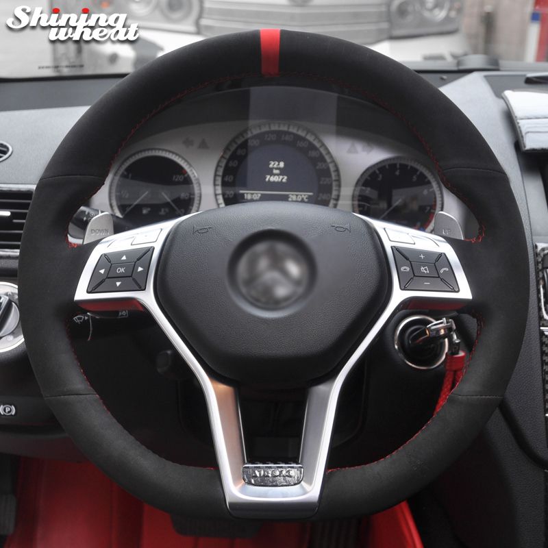 Shining Wheat Black Suede Red Marker Steering Wheel Cover For Mercedes