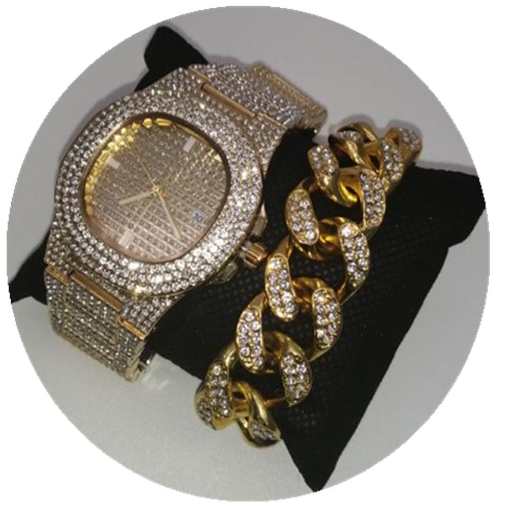 Hip Hop Men Bracelet Gold Silver Color Watch & Bracelet Combo Set Ice
