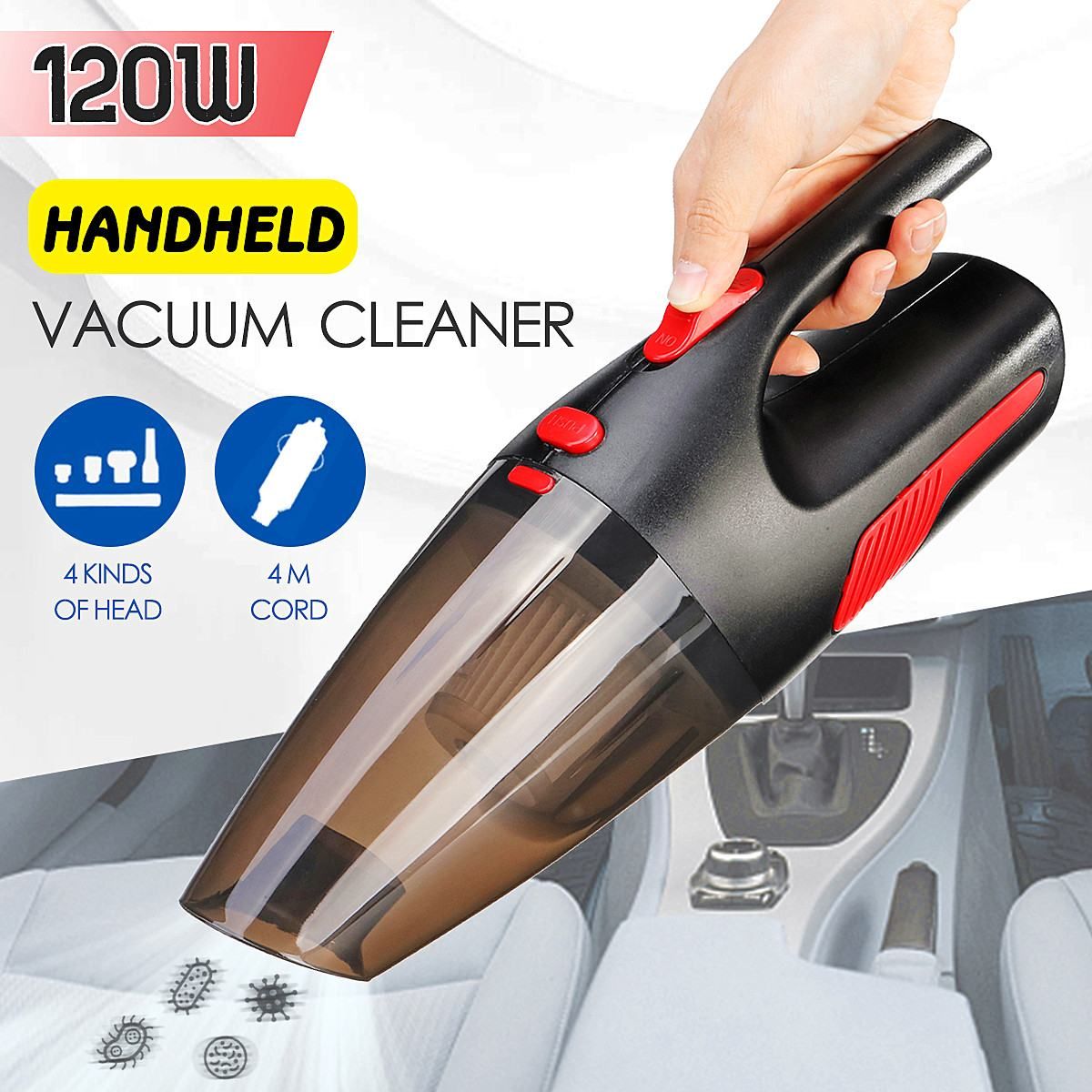 Portable Cordless/Car Plug 120W 12V 5000PA Super Suction Wet/Dry Vaccum Cleaner for Car Home,White FAY Car Vacuum Cleaner Handheld