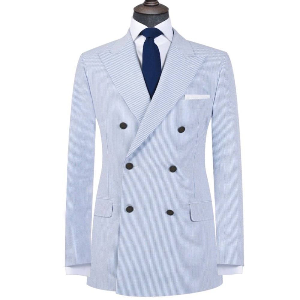 Light Blue Stripe Mens Linen Suits One Piece Jacket Double Breasted