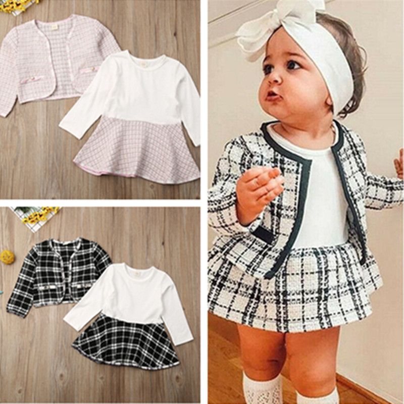 Baby Toddler Girls Two Piece Dress Set Designers Pattern Plaid Coat