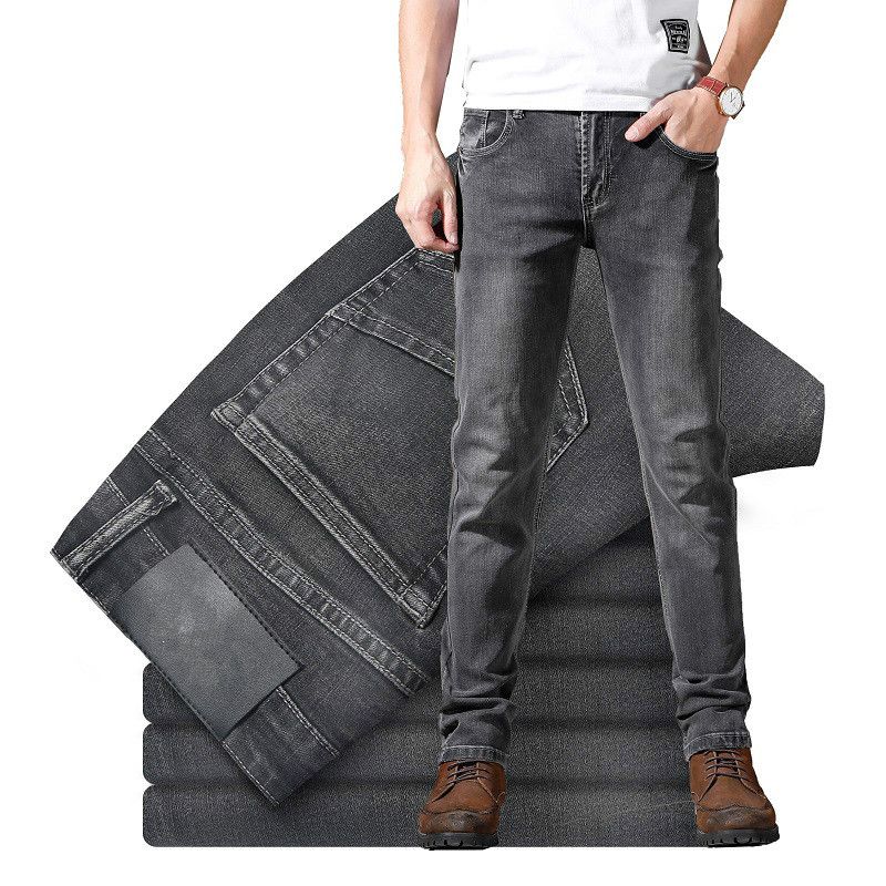 Pantalones vaqueros para Elástico gris oscuro retro delgado recto gris lavado cepillado grande longitud