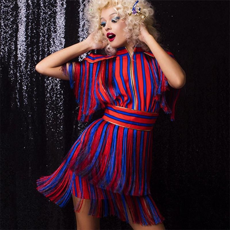 red and blue striped dress