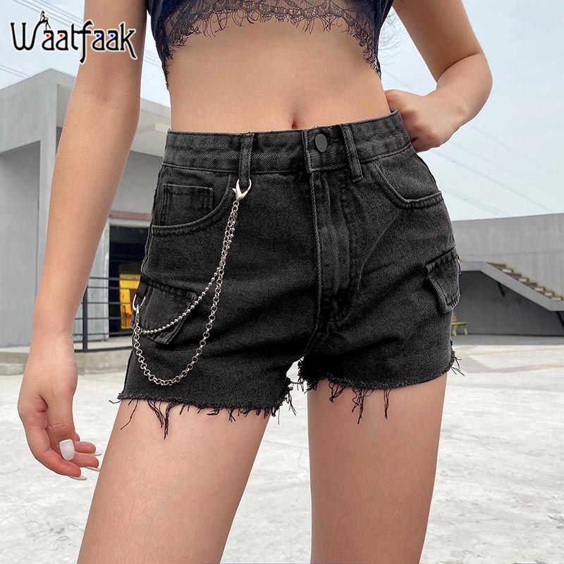 black denim shorts with chain