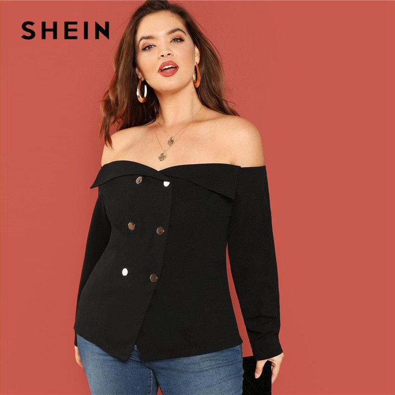 Compre Shein Negro Atractivo Del Hombro De Manga Larga Botón Detalle Del  Tamaño Extra Grande De Las Mujeres Blusa De La Manera Adelgazan La Raya  Vertical Del Cuello De La Blusa Superior