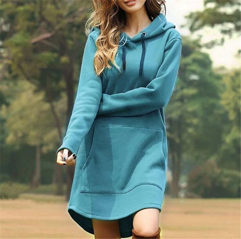 Womens Hoodie Dress Solid Hooded Long 