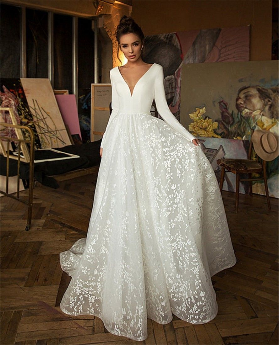 long sleeve v neck wedding dress