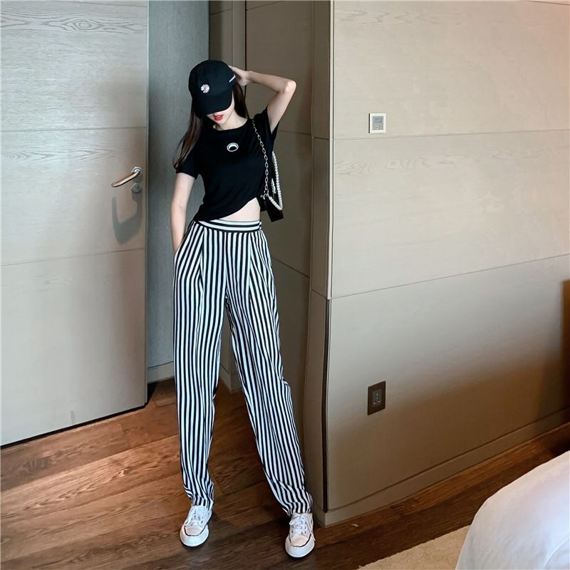 blue and white striped trousers womens