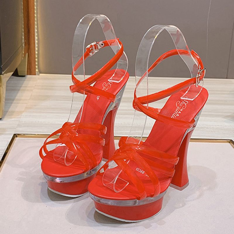 red thick heel shoes