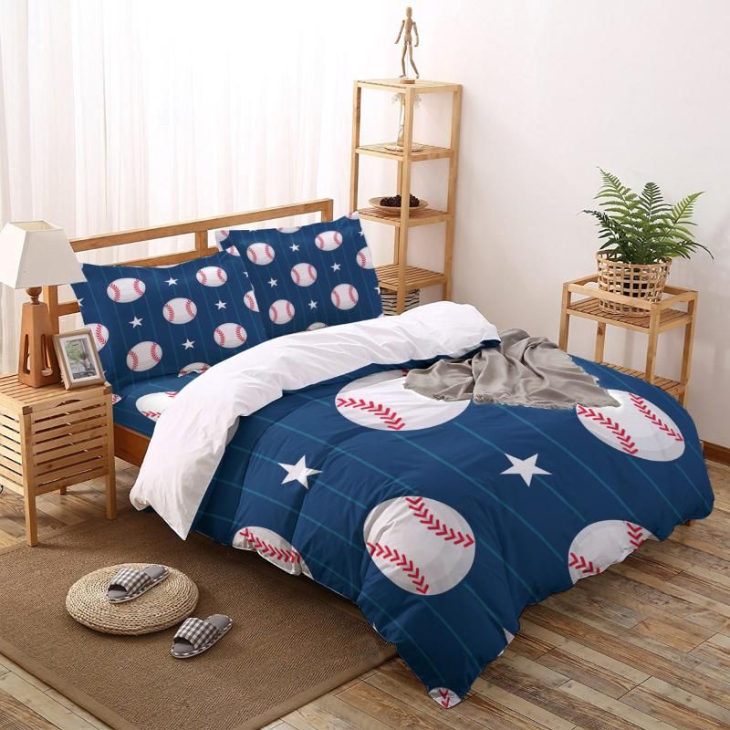 juego de sábanas de béisbol transpirable sábana bajera ajustable para niños patrón de bola azul Juego de ropa de cama de béisbol funda de cama tamaño individual adolescentes niñas 3D 