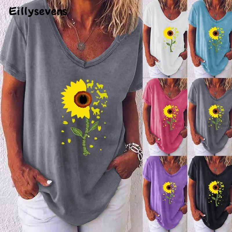 Camiseta Tops de manga corta de verano para mujeres Top de impresión de girasol casual Camiseta Tops de manga corta de verano para mujeres Top de impresión de girasol casual