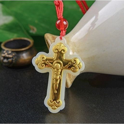 Mens Gold Cross Necklace 3D Gold Inlaid 