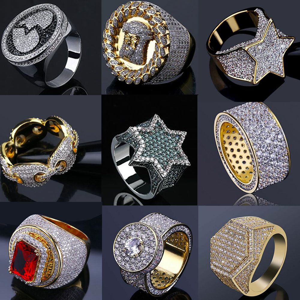 14K Gold Iced Out Rings Mens Hip Hop Jewelry Bling Bling Cool Zirconia  Stone Luxury Deisnger Men Hiphop Rings Gifts