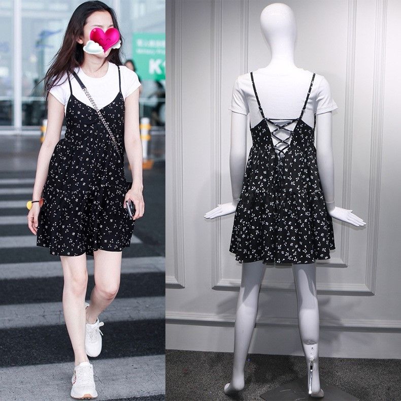 black strap dress with white t shirt