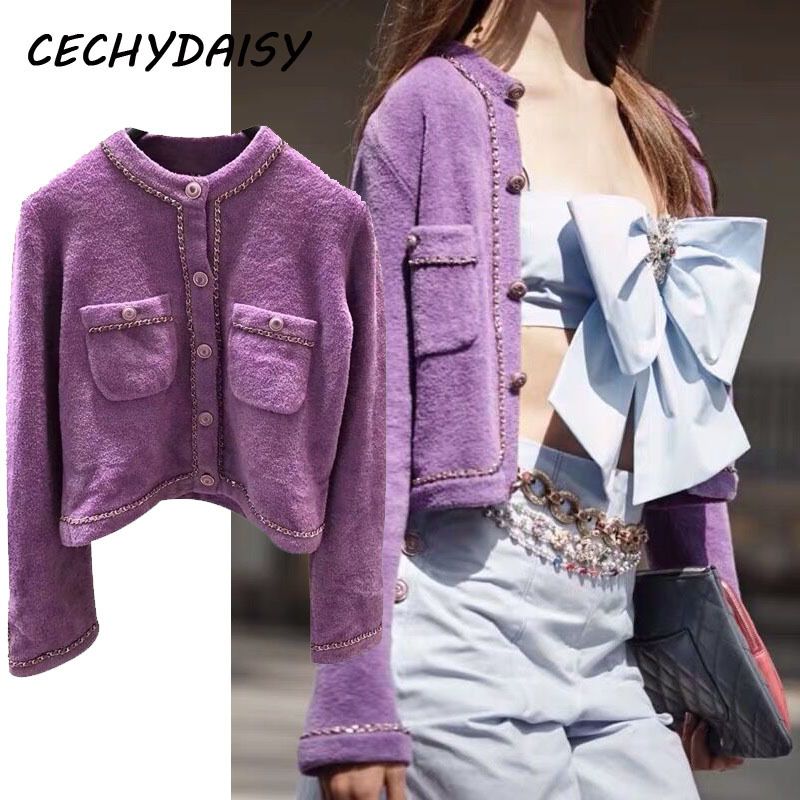 chanel purple cardigan