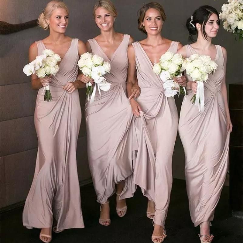 Dusty Rose Bridesmaid Dresses Long V Neck Floor Length Chiffon Draped