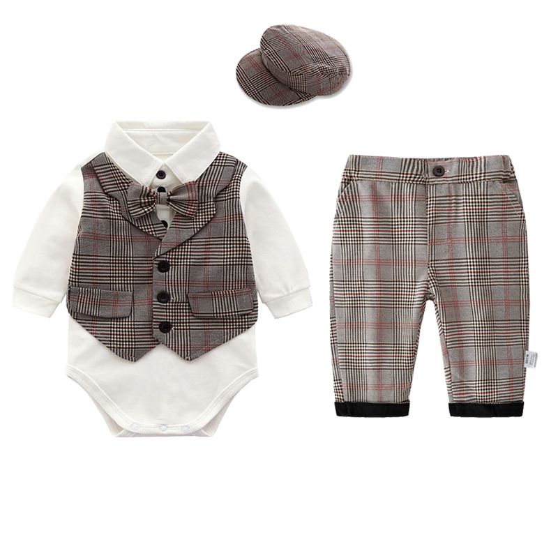 Infant Boys Jumpsuit Short Sleeve Bowtie Dress Shirt Plaid Set Swallowtail Romper Outfits