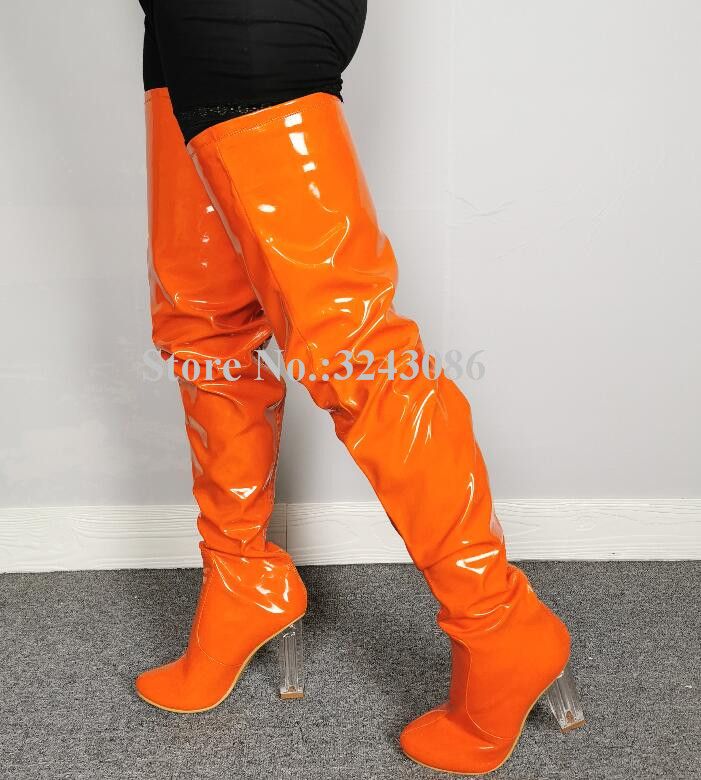 Boots Orange Patent Leather Chunky Heel 