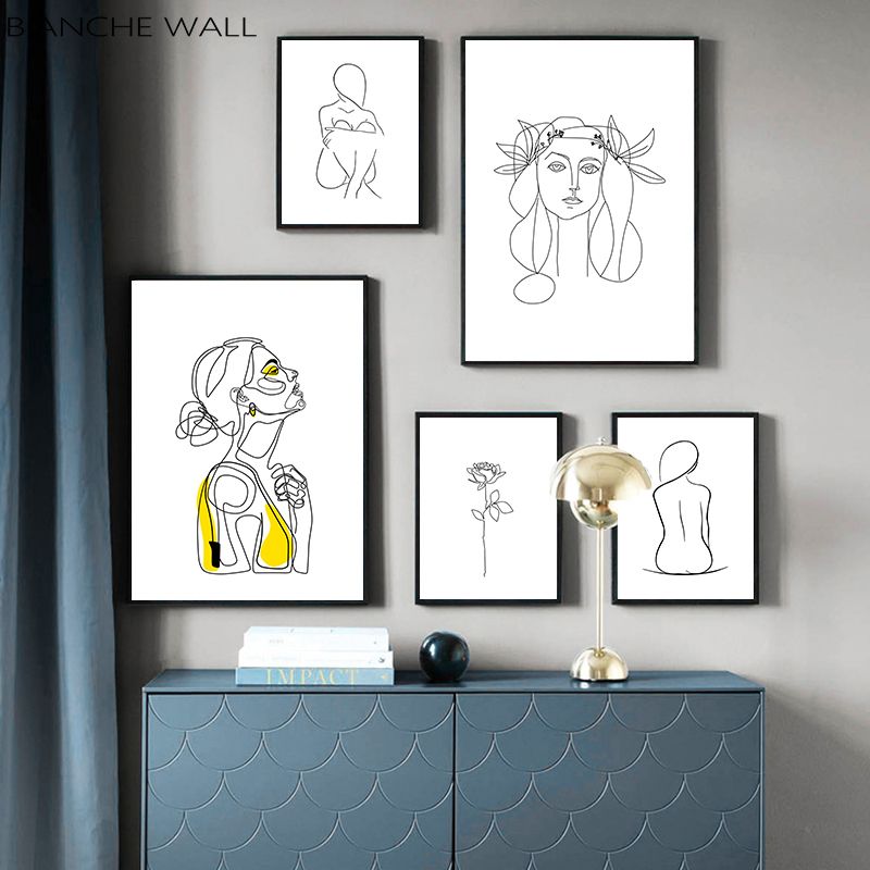 2020 Black White Line Woman Flowers Drawing Wall Art Picture Abstract